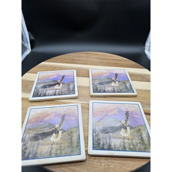 The Unbranded Brand Other - Set Of 4 Stone Coaster With American‎ Eagle In Flight